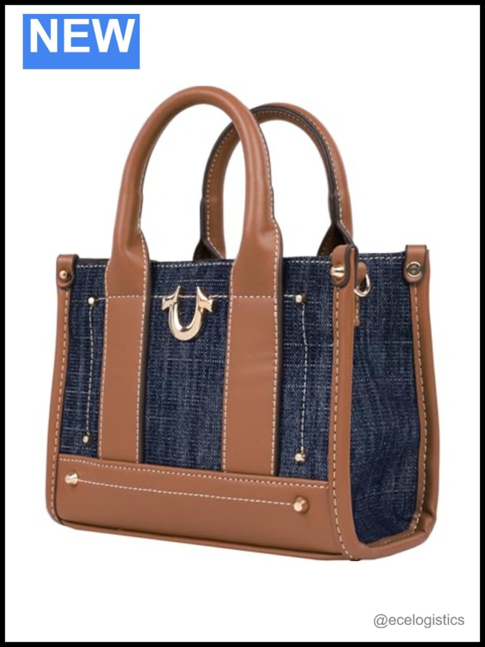 True Religion Mini Tote Bag with Logo Strap, Denim and Polyester, Top Handles